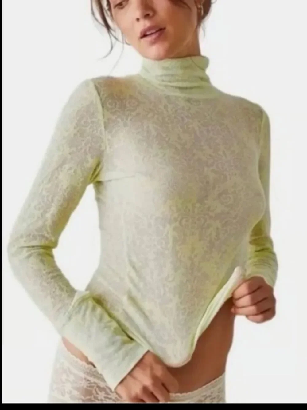 FREE PEOPLE INTIMATELY SEMI SHEER YOU AND I TURTLENECK LONG SLEEVE CITRON LIME